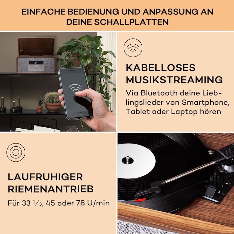 Bella Ann Stereoanlage Plattenspieler Radio DAB+/UKW USB Bluetooth Braun