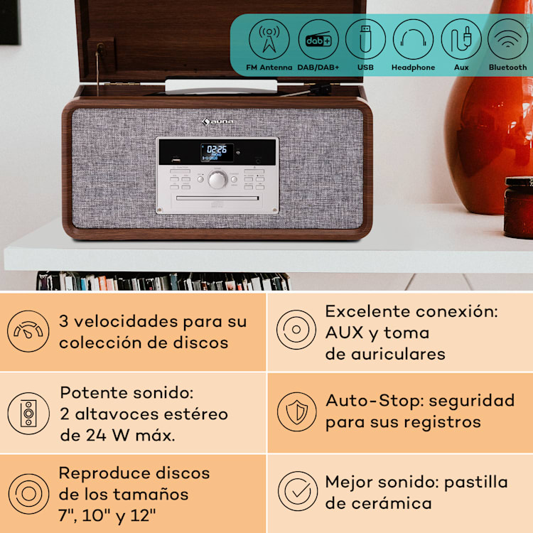 Bella Ann Equipo estéreo Tocadiscos Radio DAB+/FM USB Bluetooth Marrón
