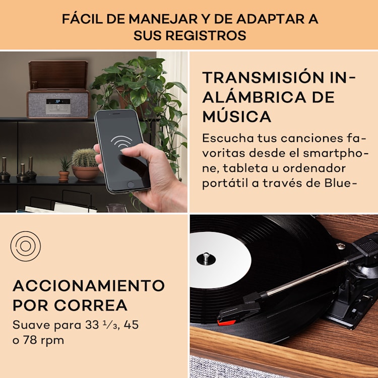Bella Ann Equipo estéreo Tocadiscos Radio DAB+/FM USB Bluetooth Marrón