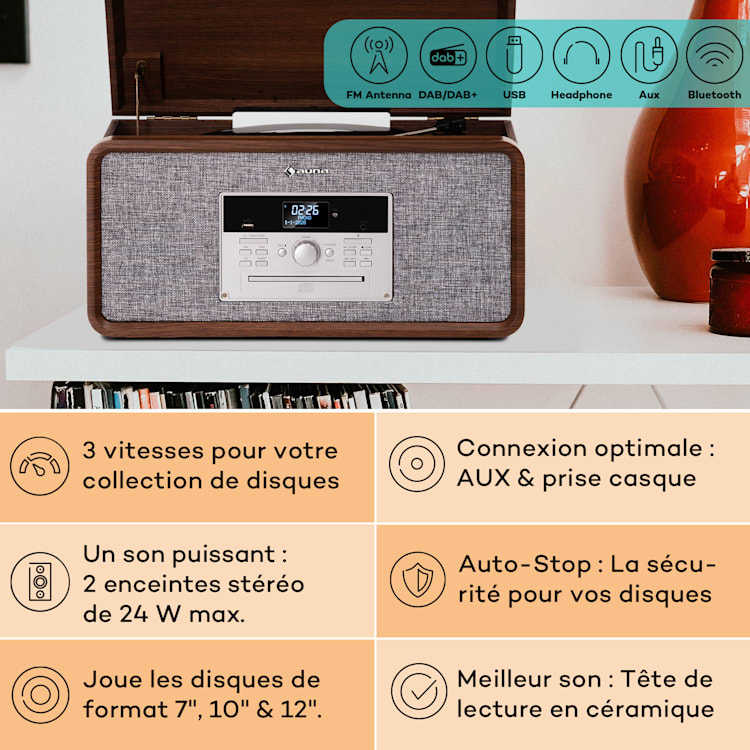 Bella Ann Chaîne hi-fi platine vinyle Radio DAB+/FM USB Bluetooth Brun