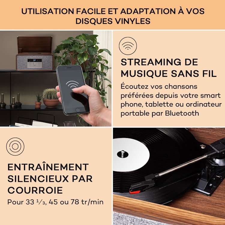 Bella Ann Chaîne hi-fi platine vinyle Radio DAB+/FM USB Bluetooth Brun