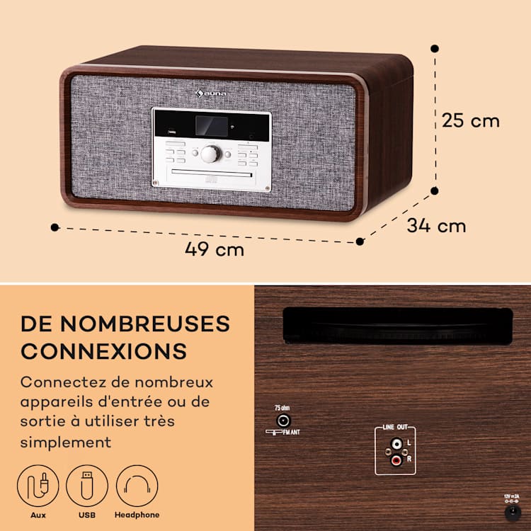 Bella Ann Chaîne hi-fi platine vinyle Radio DAB+/FM USB Bluetooth Brun