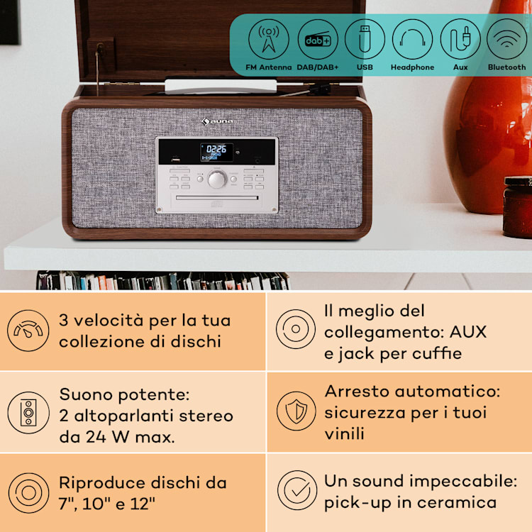 Bella Ann - Impianto stereo con giradischi, radio DAB+/FM, USB, Bluetooth Marrone