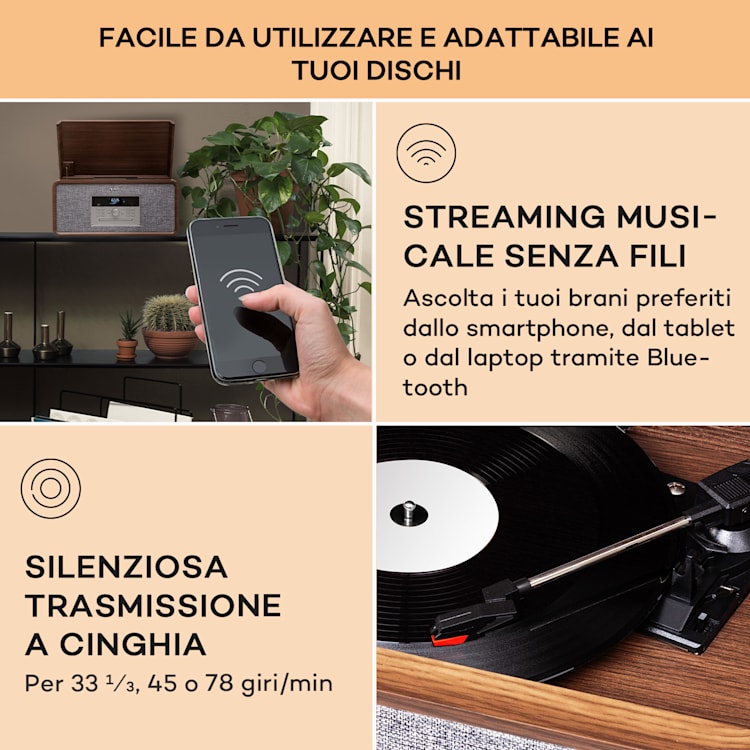 Bella Ann - Impianto stereo con giradischi, radio DAB+/FM, USB, Bluetooth Marrone