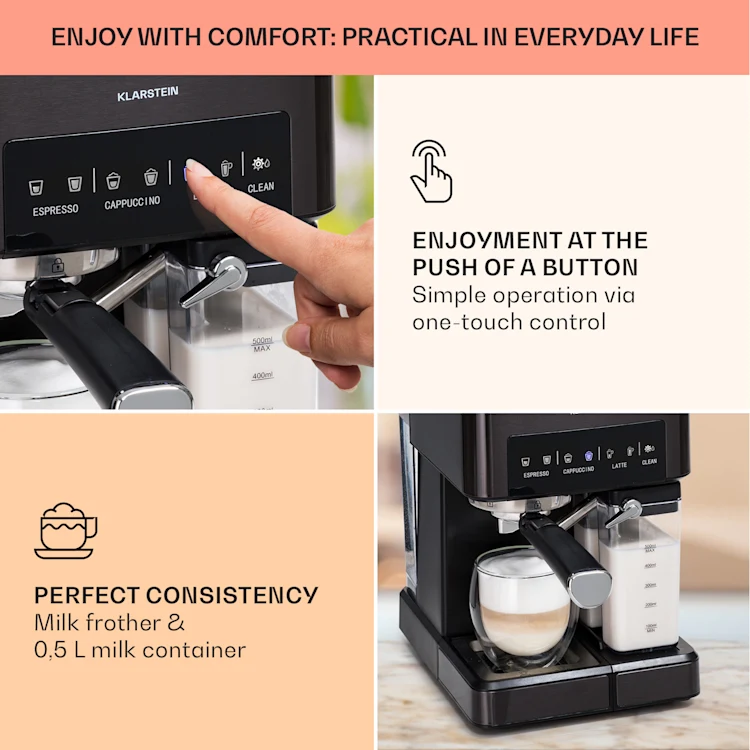 Arabica Comfort portafilter machine 1350W 20 Bar 1.8 l Touch Control Panel Black