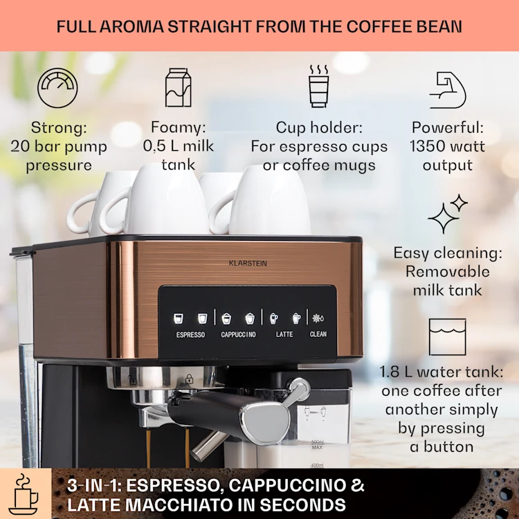 Arabica Comfort portafilter machine 1350W 20 Bar 1.8 l Touch Control Panel Copper Metallic