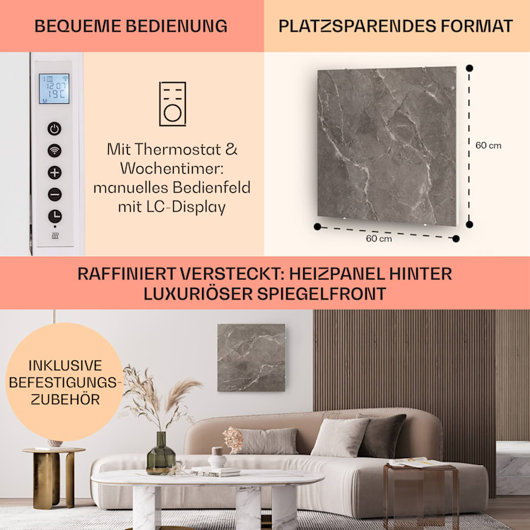 Santorini Smart Infrarot-Heizung 60x60cm 500W Timer IP24 60 x 60 cm | Schwarzer Marmor