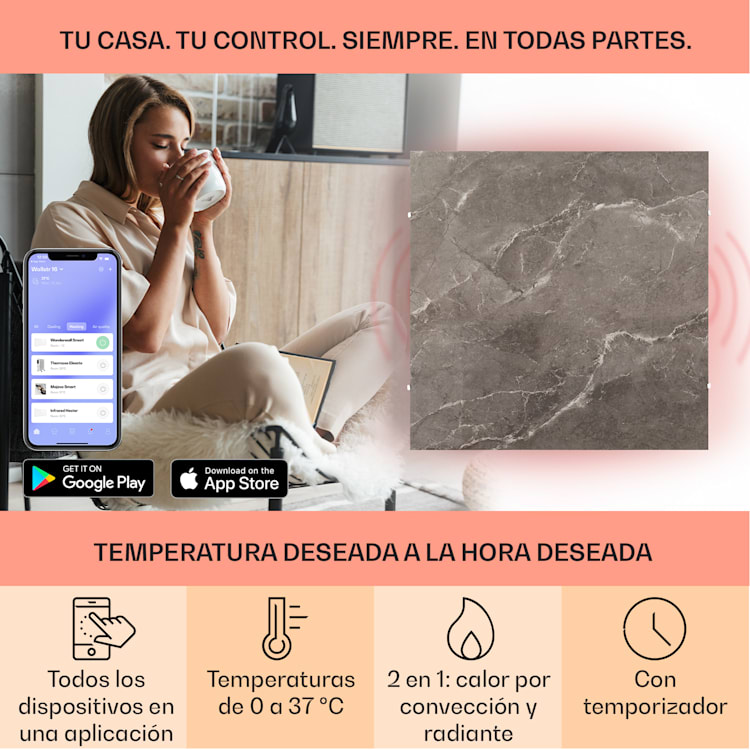 Calentador infrarrojo Wonderwall Santorini Smart 60cm 500 W Temporizador semanal IP24 60 x 60 cm | Mármol Negro Suave