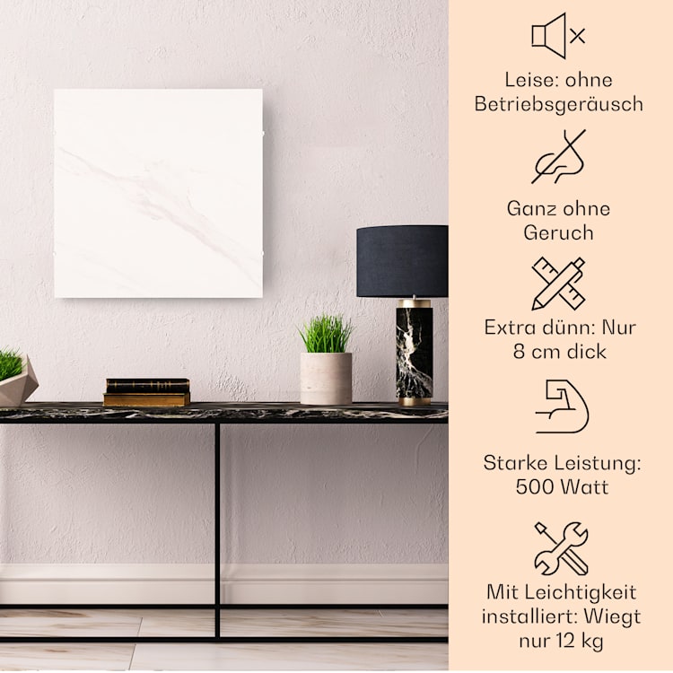 Wonderwall Santorini Smart Infrarot-Heizung 60x60cm 500W Timer IP24 60 x 60 cm | Weißer Marmor
