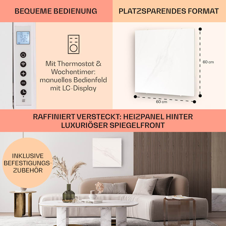 Wonderwall Santorini Smart Infrarot-Heizung 60x60cm 500W Timer IP24 60 x 60 cm | Weißer Marmor