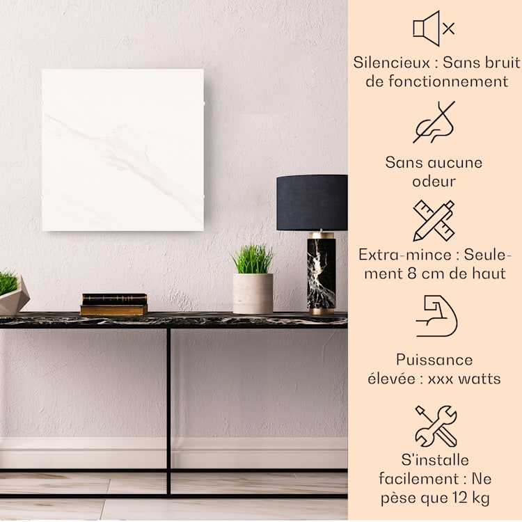 Wonderwall Santorini Smart radiateur infrarouge 60 x 60 cm 500 W Minuteur hebdomadaire IP24 60 x 60 cm | Marbre Blanc