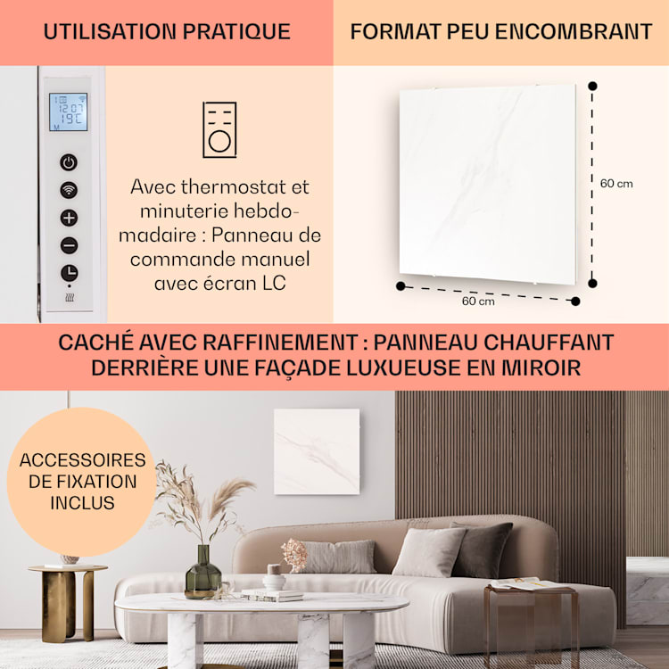 Wonderwall Santorini Smart radiateur infrarouge 60 x 60 cm 500 W Minuteur hebdomadaire IP24 60 x 60 cm | Marbre Blanc