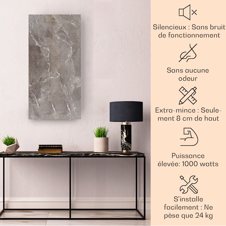 Santorini Smart radiateur infrarouge 120 x 60 cm 1000 W Minuteur hebdomadaire IP24 120 x 60 cm vertical | Marbre Breccia Gris