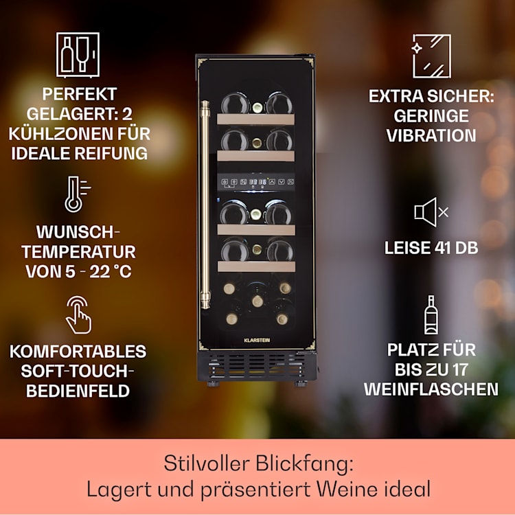 Vinovilla 17 Built-in Duo Vilhelmine Edition Weinkühlschrank 17 Fl. 17 Flaschen | 2 Kühlzonen | Schwarz / Antik-Gold-Metallic