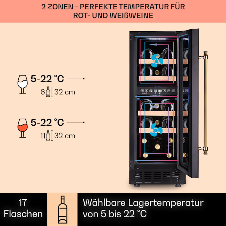 Vinovilla 17 Built-in Duo Vilhelmine Edition Weinkühlschrank 17 Fl. 17 Flaschen | 2 Kühlzonen | Schwarz / Antik-Gold-Metallic