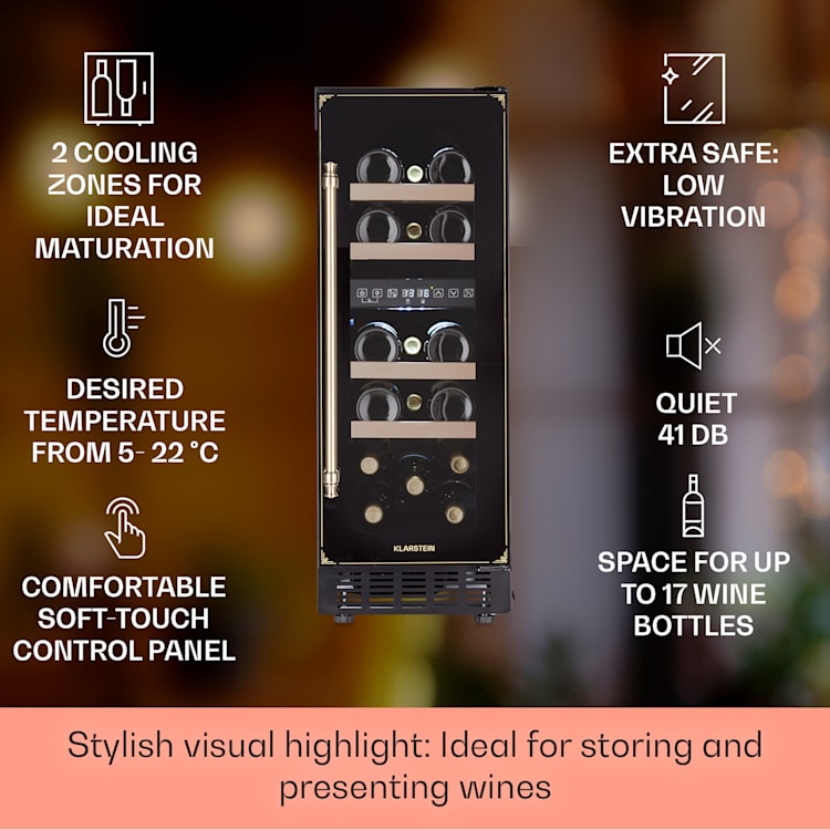 Vinovilla 17 Built-In Duo Vilhelmine Edition wijnkoelkast 17 flessen 3 kleuren glazen deur 17 flessen | 2 koelzones | Zwart / Antiek Goud Metallic