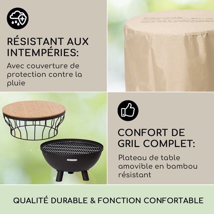 Nantai 3-en-1 brasero barbecue & table Ø 66 cm Grille de cuisson : Ø 50 cm acier dessus de table en bambou