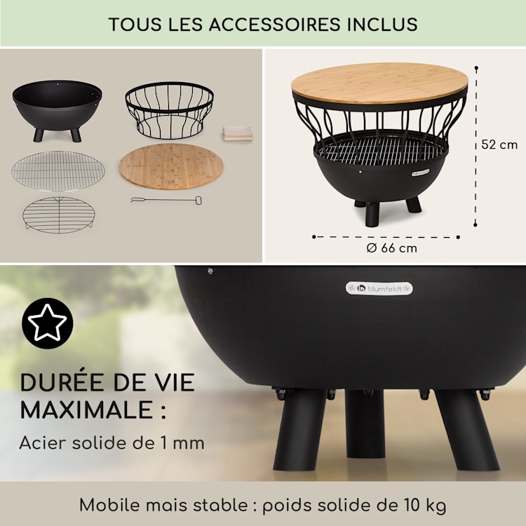 Nantai 3-en-1 brasero barbecue & table Ø 66 cm Grille de cuisson : Ø 50 cm acier dessus de table en bambou