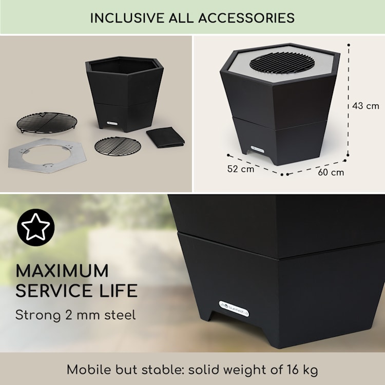 Hekla 2 v 1, ohniště, Ø 60 cm, odolné vůči vodě a mrazu, grilovací deska, grilovací rošt 