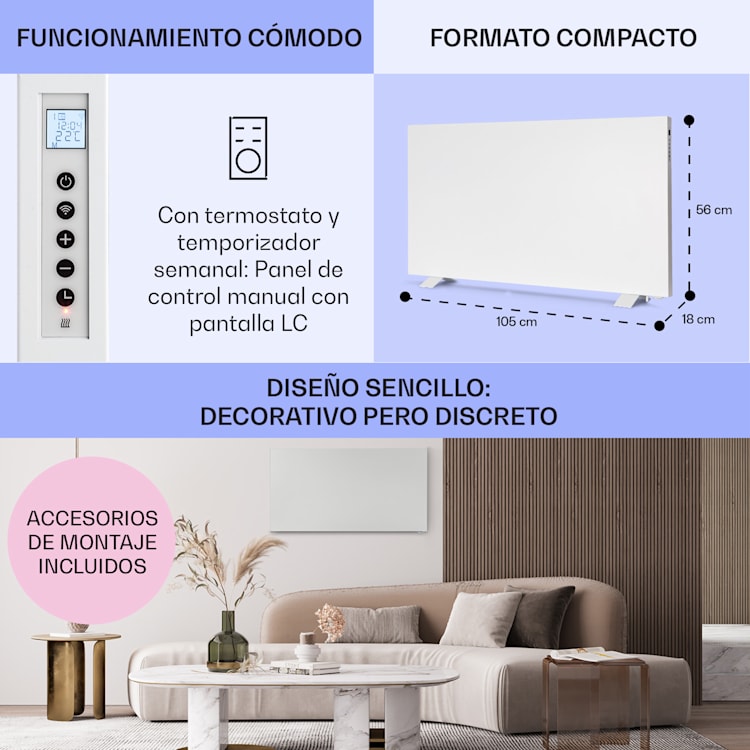 Taal Smart Calefactor híbrido por infrarrojos 105x56cm 750W Temporizador semanal IP24 105 x 56 cm | Blanco