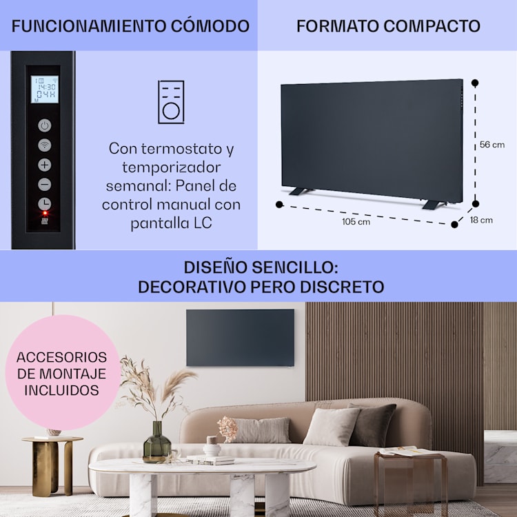 Taal Smart Calefactor híbrido por infrarrojos 105x56cm 750W Temporizador semanal IP24 105 x 56 cm | Antracita