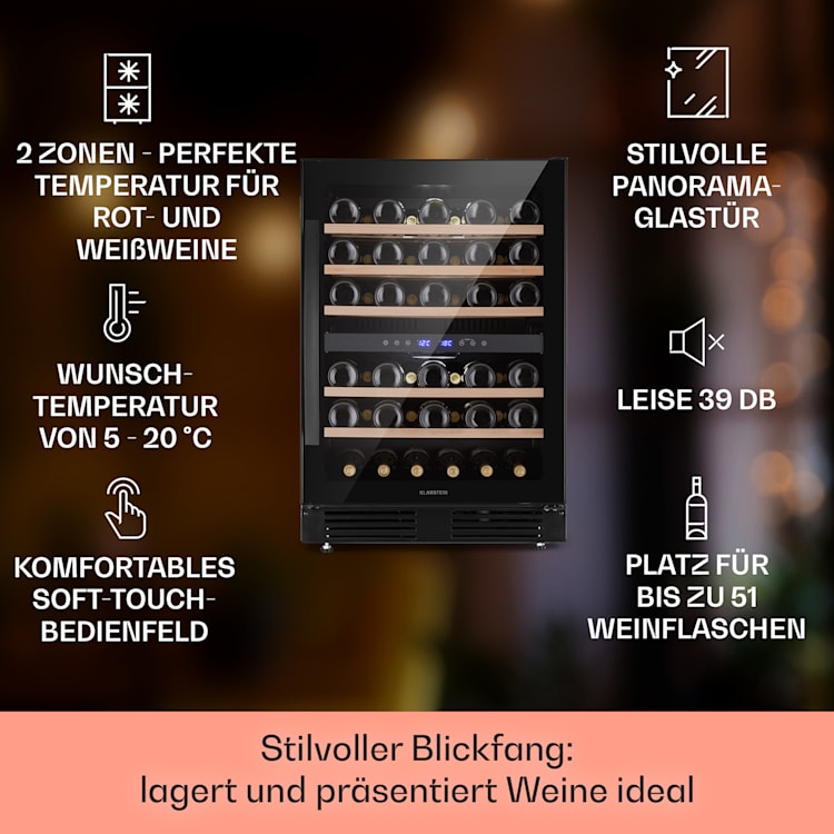 Vinovilla 50 Duo Zweizonen-Weinkühlschrank 53l 17 Fl. 3-Farben Glastür 51 Flaschen | 2 Kühlzonen | Schwarz
