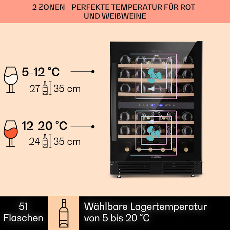 Vinovilla 50 Duo Zweizonen-Weinkühlschrank 53l 17 Fl. 3-Farben Glastür 51 Flaschen | 2 Kühlzonen | Schwarz