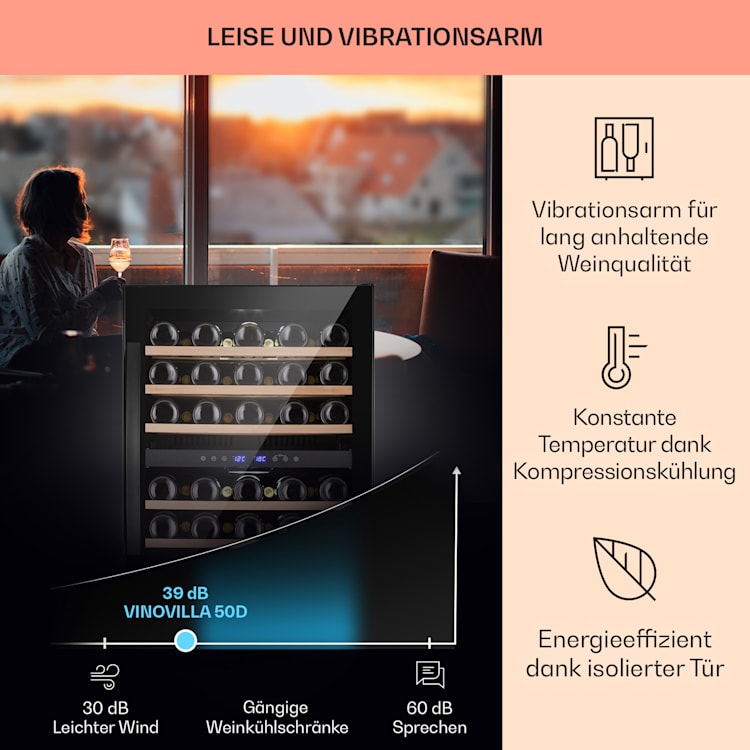 Vinovilla 50 Duo Zweizonen-Weinkühlschrank 53l 17 Fl. 3-Farben Glastür 51 Flaschen | 2 Kühlzonen | Schwarz