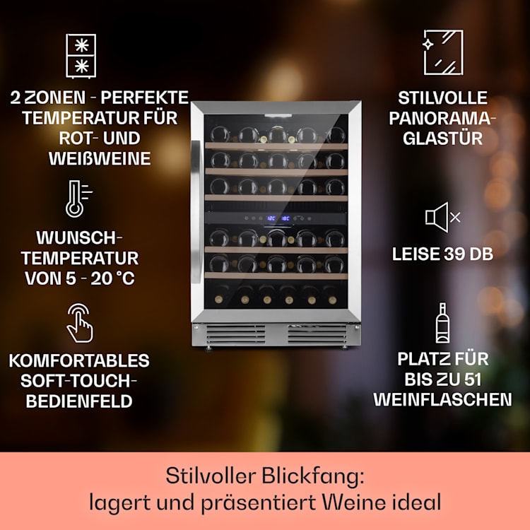Vinovilla 50 Duo Zweizonen-Weinkühlschrank 53l 17 Fl. 3-Farben Glastür 51 Flaschen | 2 Kühlzonen | Edelstahl