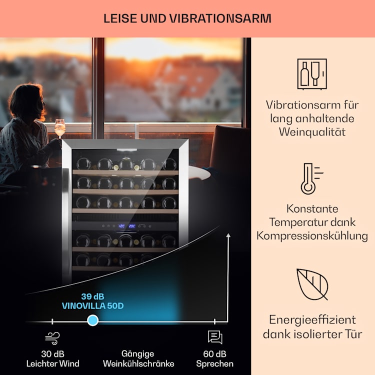 Vinovilla 50 Duo Zweizonen-Weinkühlschrank 53l 17 Fl. 3-Farben Glastür 51 Flaschen | 2 Kühlzonen | Edelstahl