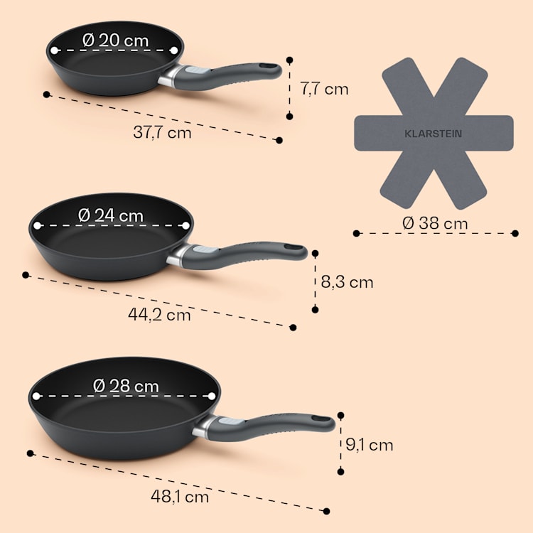 Noto Endurance Bratpfannen-Set geschmiedetes Aluminium 3 Größen 2 Filz-Schoner Set | Anthrazit