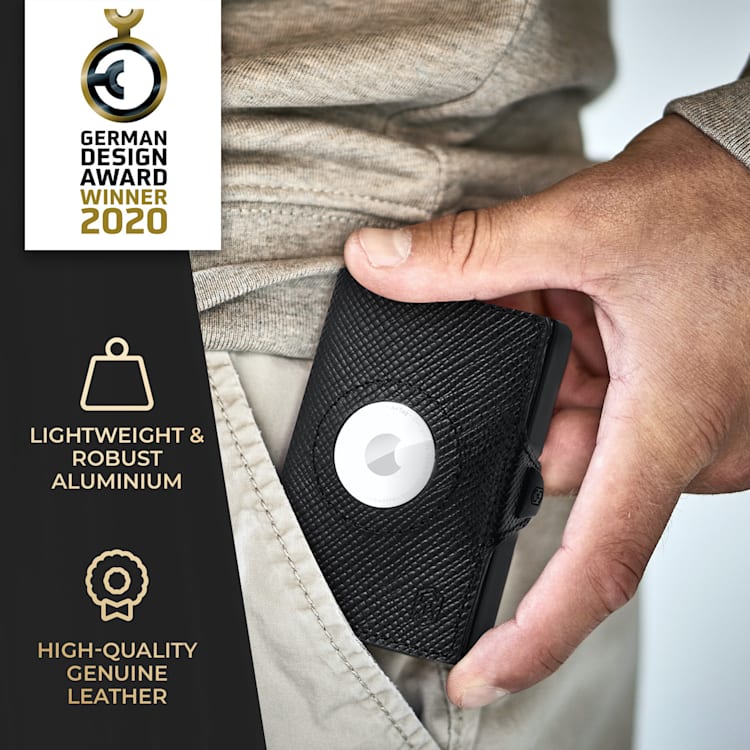 ZNAP Airtag Wallet Portefeuille 8 cartes compartiment monnaie 8,9 x 1,5 x 6,3 cm (LxHxP) Protection RFID Saffiano | Noir