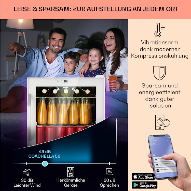 Coachella 50 Weinkühlschrank 47 Liter WiFi-Funktion Hintergrundbeleuchtung Edelstahl 50 Ltr | Weiß