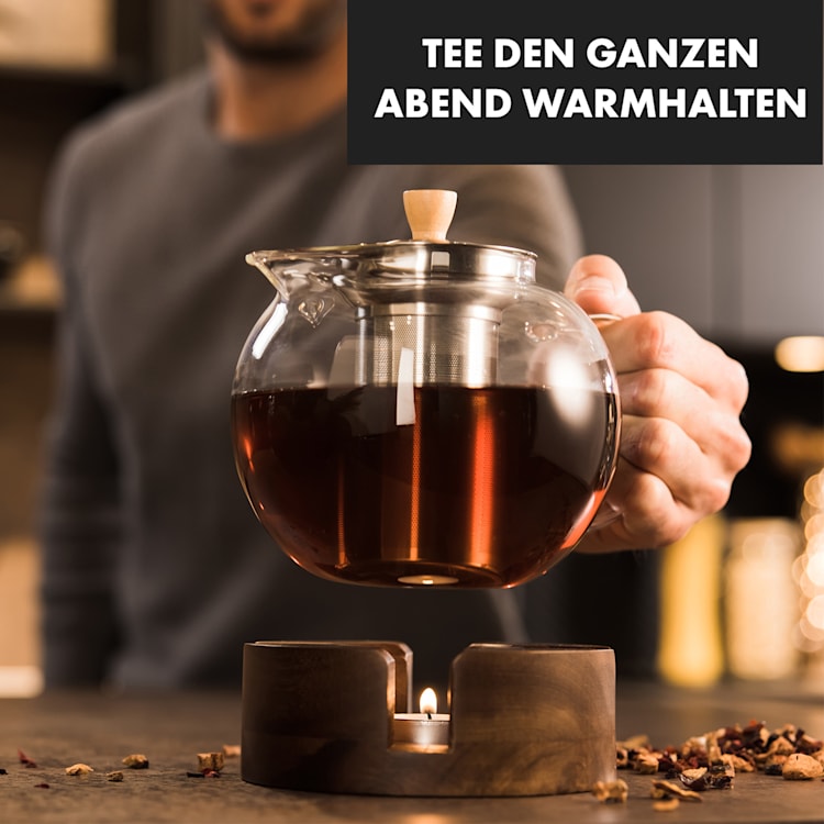 Sencha Design-Teekanne mit Oolong Holz-Stövchen 1,3 l Siebeinsatz Borosilikatglas