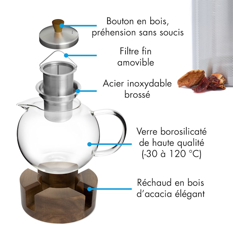 Sencha Théière design avec réchaud en bois oolong filtre amovible 1,3 L verre borosilicaté