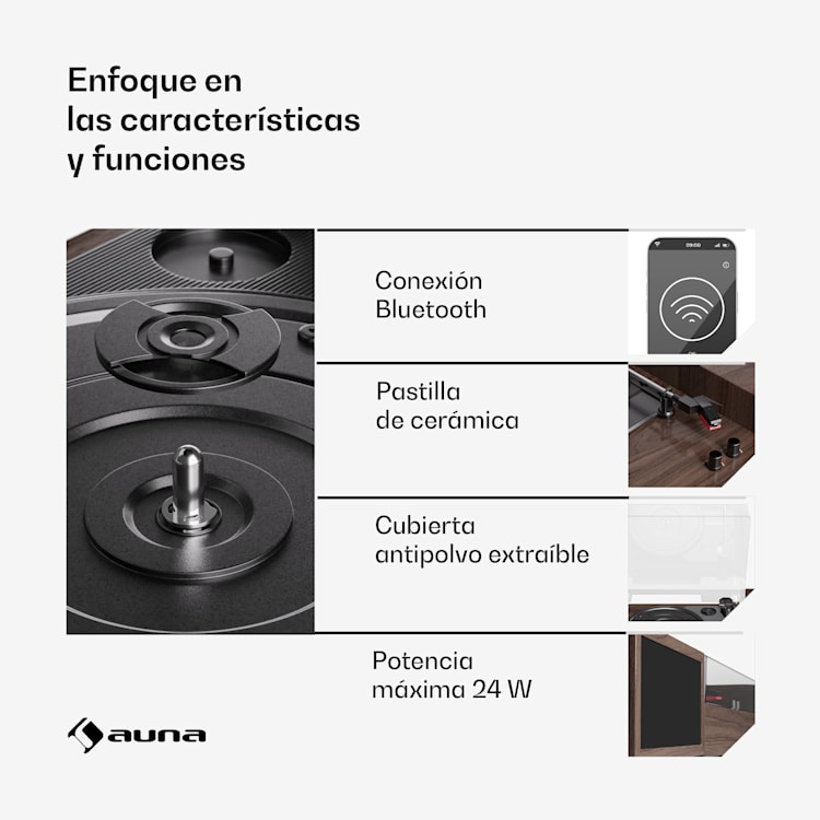 TT-Play 2x10W BT RCA-Out Giradiscos de 3 velocidades Tocadiscos de 3 velocidades Bluetooth Madera Oscura