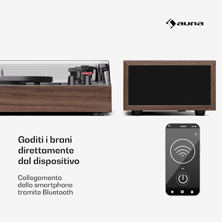 TT-Play - Giradischi, 3 speed, 2x10W, BT, RCA-Out, a 3 velocità, Bluetooth Legno scuro