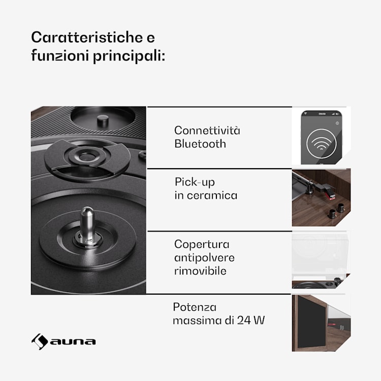 TT-Play - Giradischi, 3 speed, 2x10W, BT, RCA-Out, a 3 velocità, Bluetooth Legno scuro