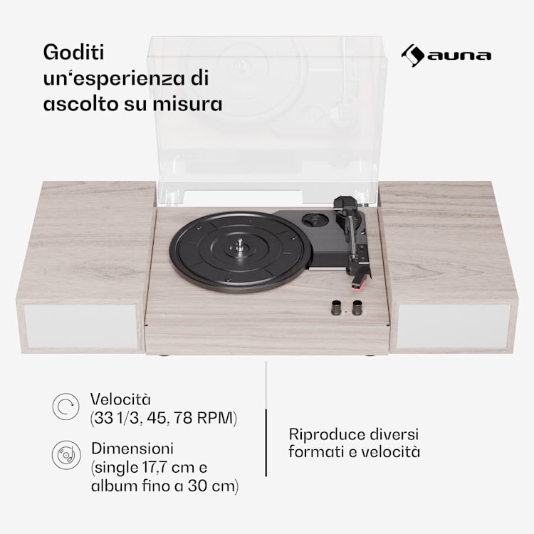 TT-Play - Giradischi, 3 speed, 2x10W, BT, RCA-Out, a 3 velocità, Bluetooth Legno color taupe