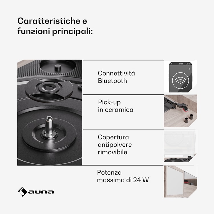 TT-Play - Giradischi, 3 speed, 2x10W, BT, RCA-Out, a 3 velocità, Bluetooth Legno color taupe