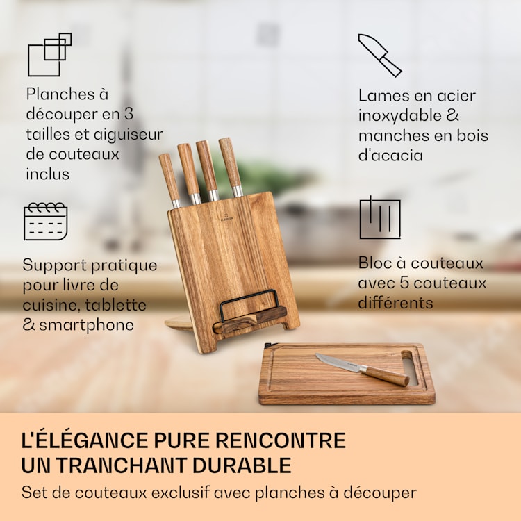 Komaki Set de couteaux 8 pcs. 5 couteaux 3 planches à découper Aiguiseur de couteaux support de tablette