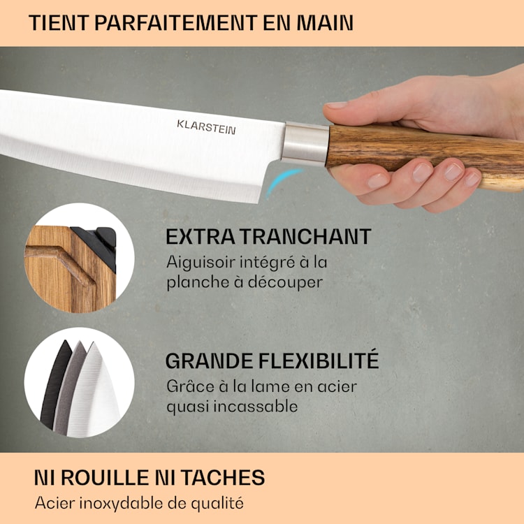 Komaki Set de couteaux 8 pcs. 5 couteaux 3 planches à découper Aiguiseur de couteaux support de tablette