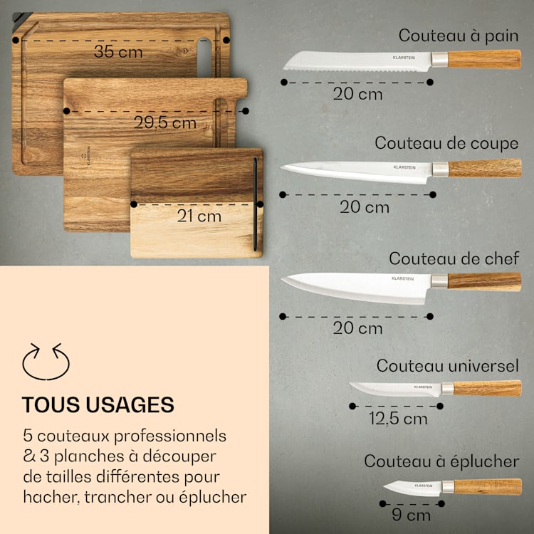 Komaki Set de couteaux 8 pcs. 5 couteaux 3 planches à découper Aiguiseur de couteaux support de tablette