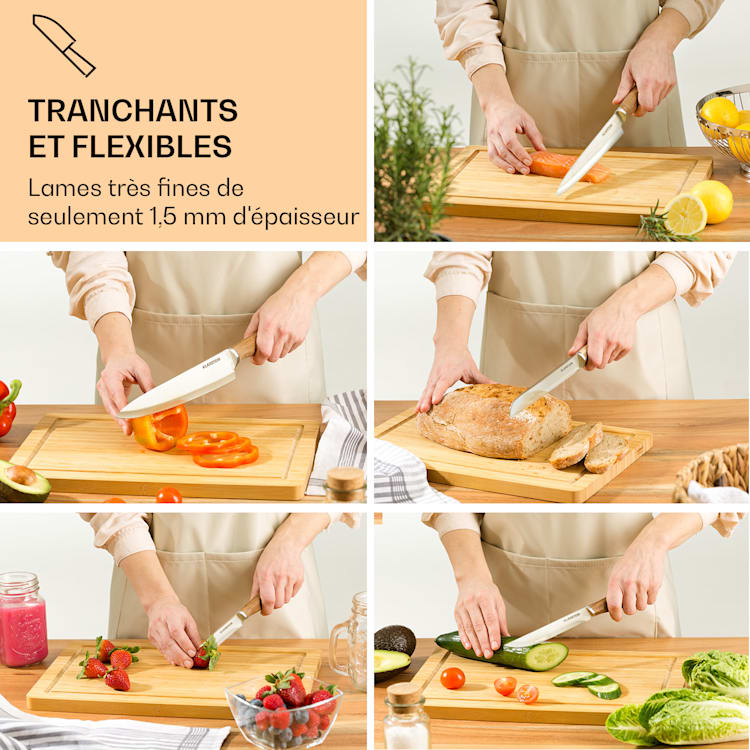 Komaki Set de couteaux 8 pcs. 5 couteaux 3 planches à découper Aiguiseur de couteaux support de tablette