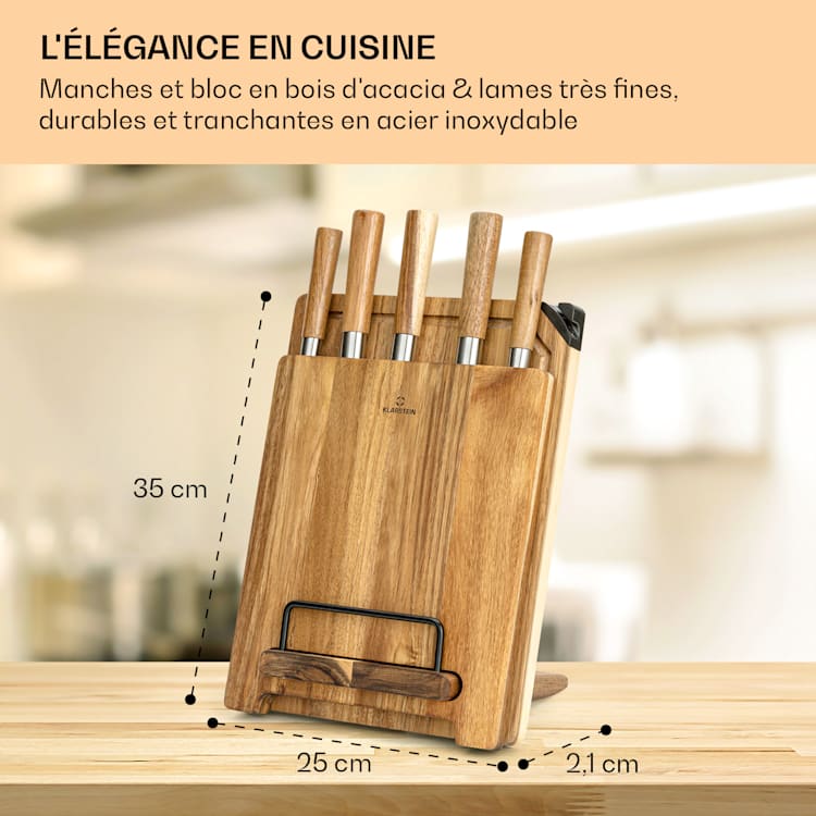 Komaki Set de couteaux 8 pcs. 5 couteaux 3 planches à découper Aiguiseur de couteaux support de tablette