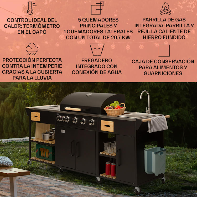Cocina exterior Jersey con barbacoa de gas y fregadero 20,7 kW 5+1 quemadores móvil