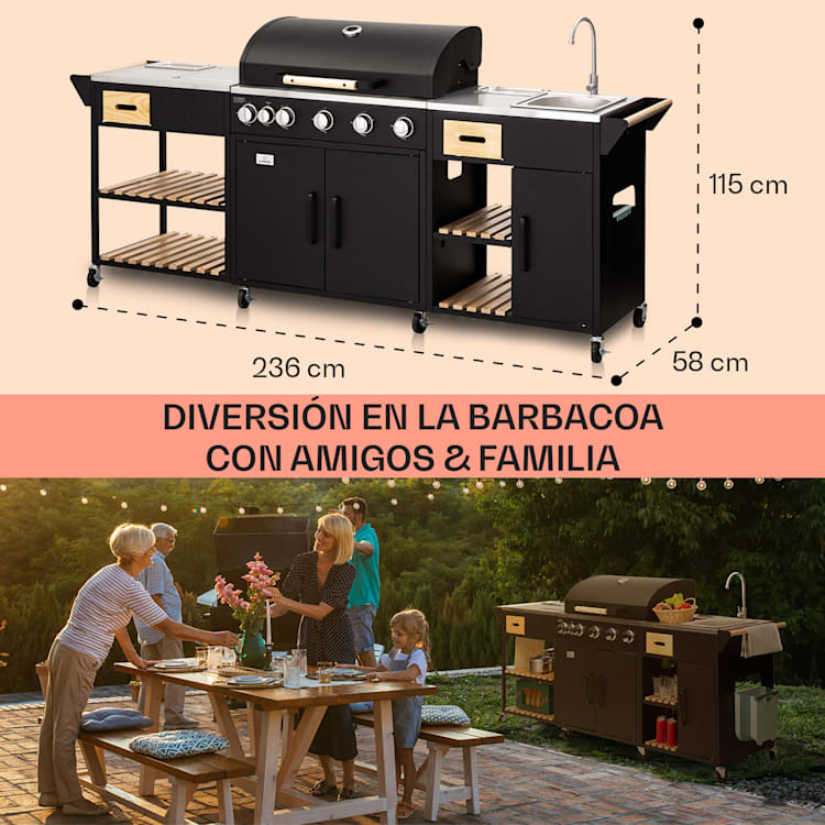 Cocina exterior Jersey con barbacoa de gas y fregadero 20,7 kW 5+1 quemadores móvil