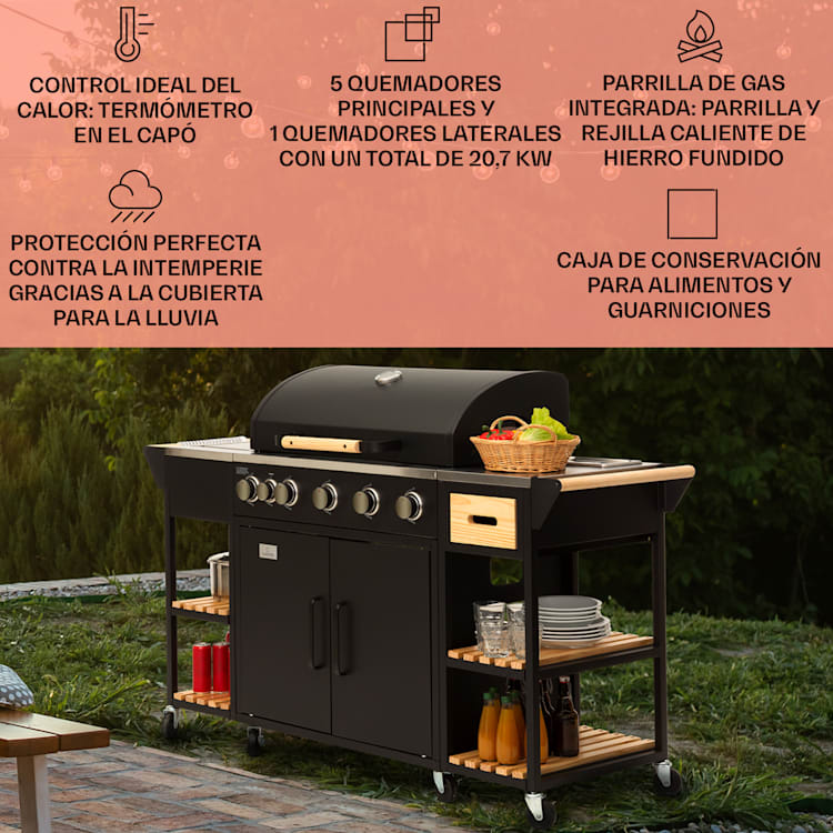 Cocina exterior Jersey parrilla de gas 20,7 kW 5+1 quemadores móvil cubierta de protección contra la lluvia