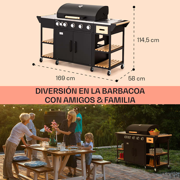 Cocina exterior Jersey parrilla de gas 20,7 kW 5+1 quemadores móvil cubierta de protección contra la lluvia