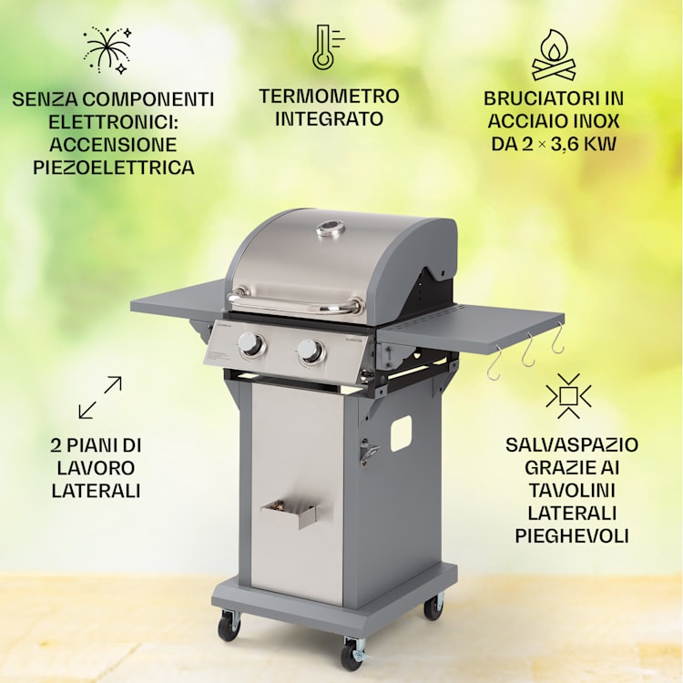 Lucifer 2 - Griglia a gas, 2 bruciatori da 3,6 kW, griglia da 45 x 45 cm, acciaio inox, mobile